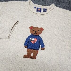 Marisa Christina Canvas Linen Pullover Sweater American Flag Bear Patriotic 1X